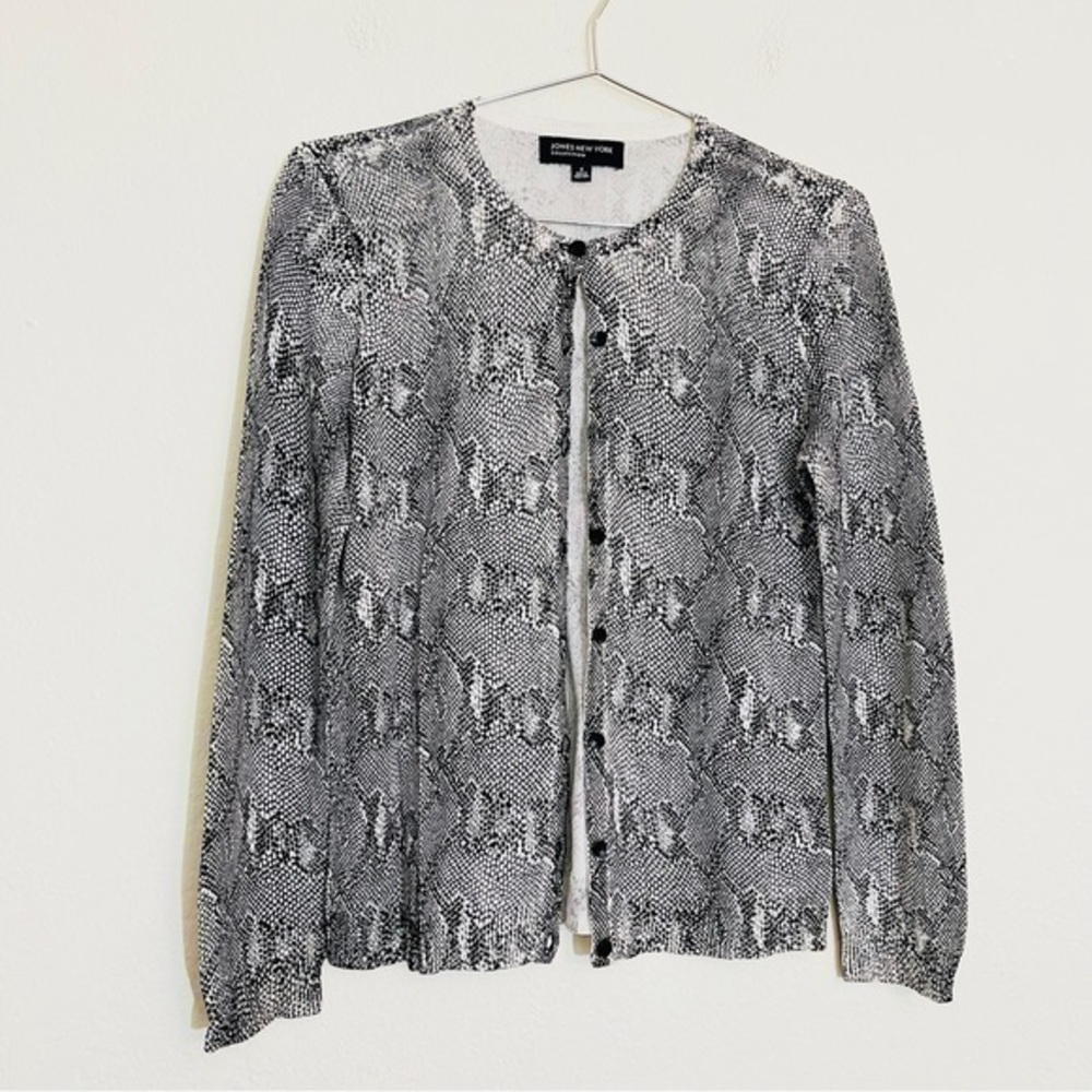 Jone New York Snake Print Long Sleeve Open Front Cardigan Small Black/White